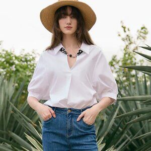 Puff sleeves v-neck shirt blouse with silk scarf